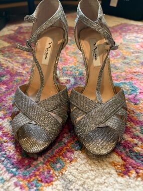 Nina Silver Glitter Crisscross T-Strap Heels
